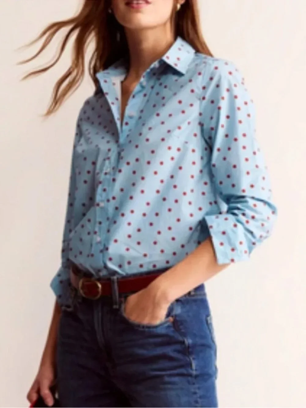 Boden Sienna Polka Dot Button Down Collared Top Shirt Light Blue Red Size 10R - Picture 2 of 12